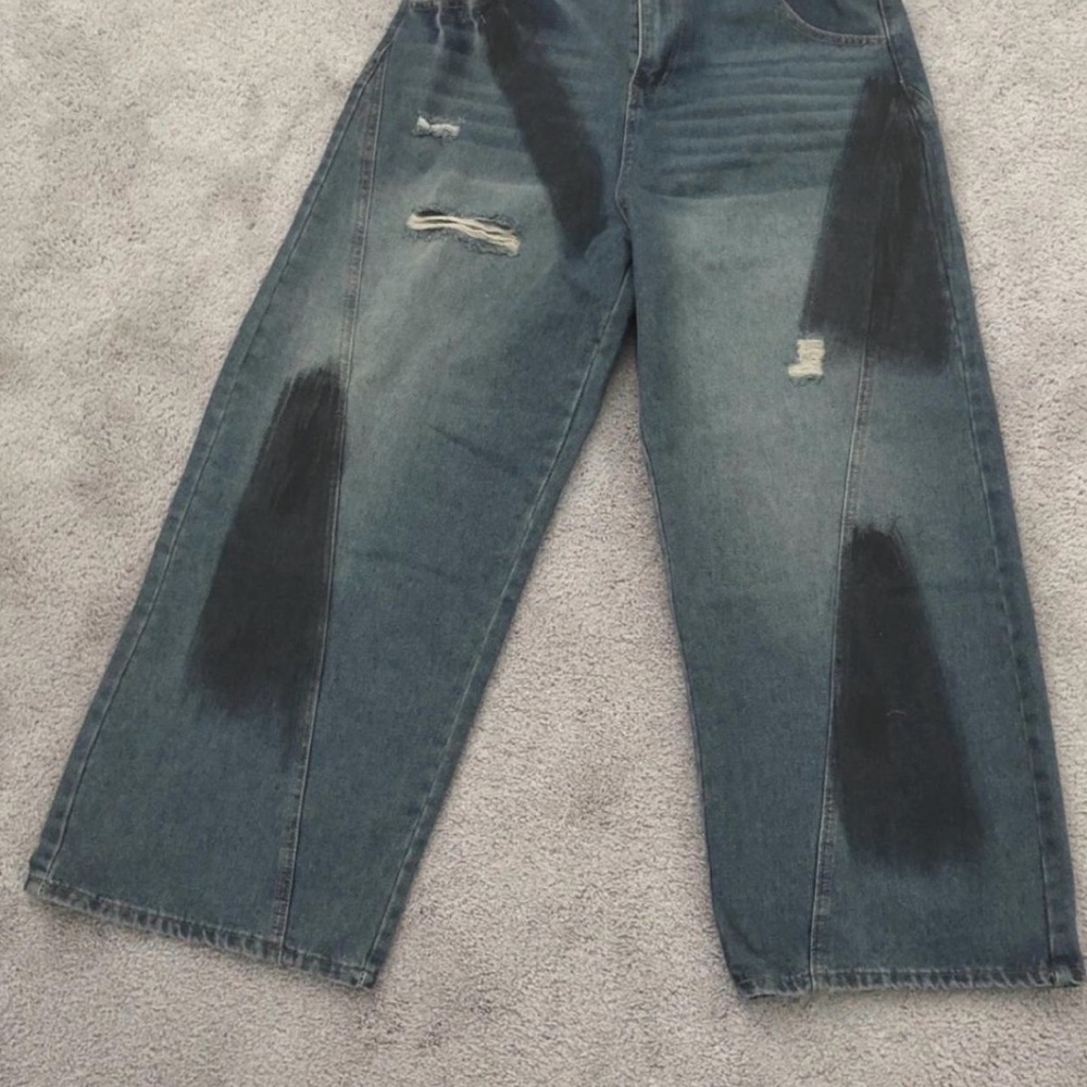 Men's Relaxed Fit Distressed Jeans - Blue and Black